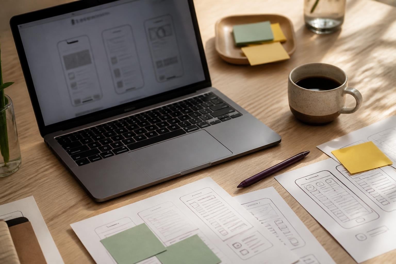 Laptop mit Wireframes, daneben Papierskizzen von App-Screens, Haftnotizen und eine Tasse Kaffee