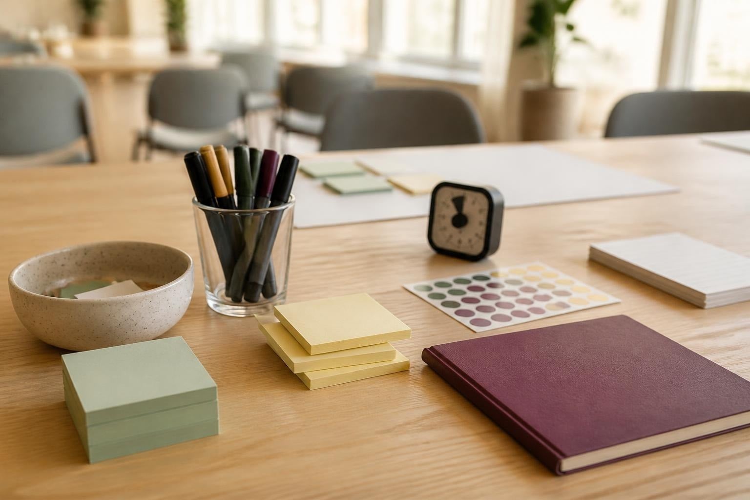 Workshop-Material auf einem Holztisch: Haftnotizen, Stifte, Klebepunkte, ein Notizbuch und ein Timer
