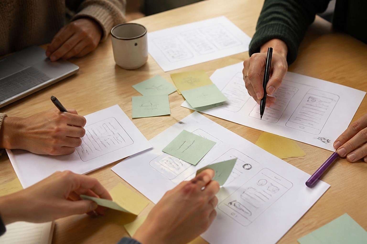 Mehrere Hände skizzieren App-Screens auf Papier, dazwischen Haftnotizen, ein Laptop und eine Tasse