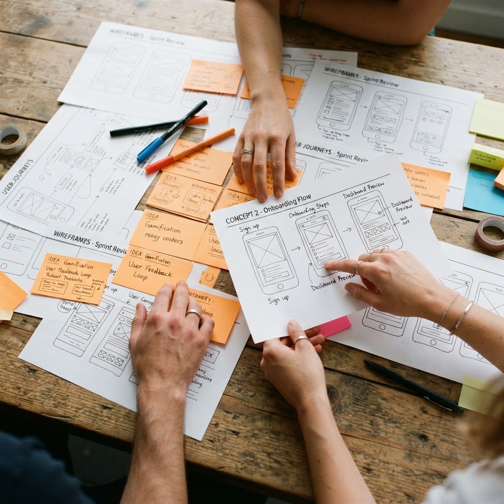 Hände arbeiten an ausgedruckten Wireframes und Haftnotizen