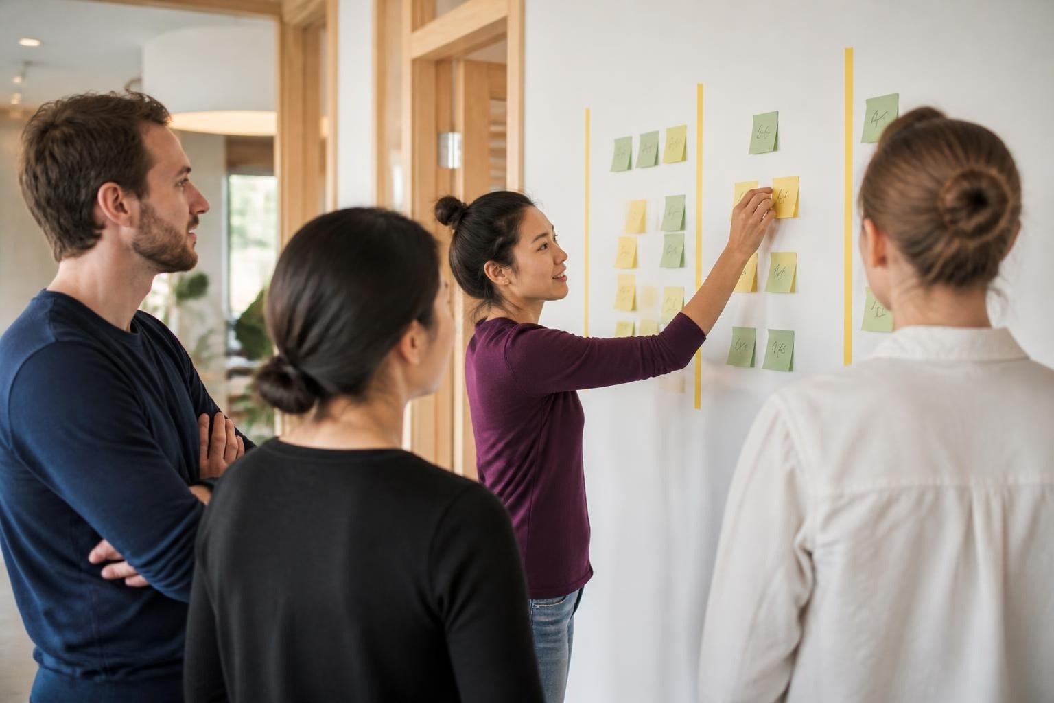 Team steht vor einem Kanban-Board an der Wand, eine Kollegin hängt eine Haftnotiz in die nächste Spalte